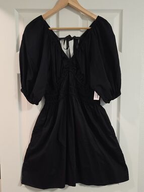 Black Puff Sleeve Mini Dress with Tie Back